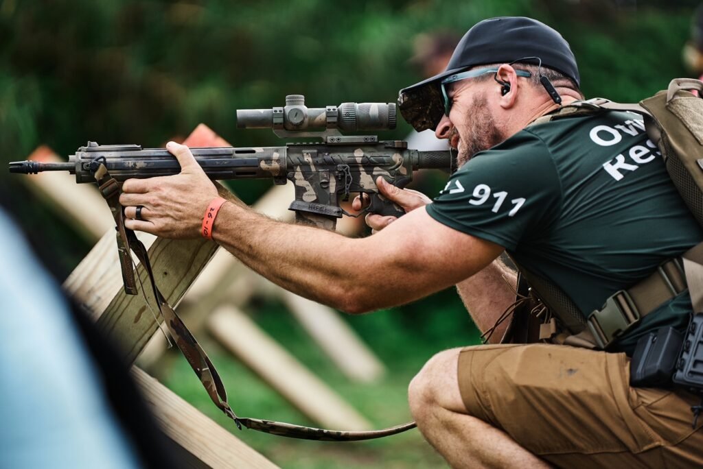 Rifle training from a kneeling position at an outdoor range